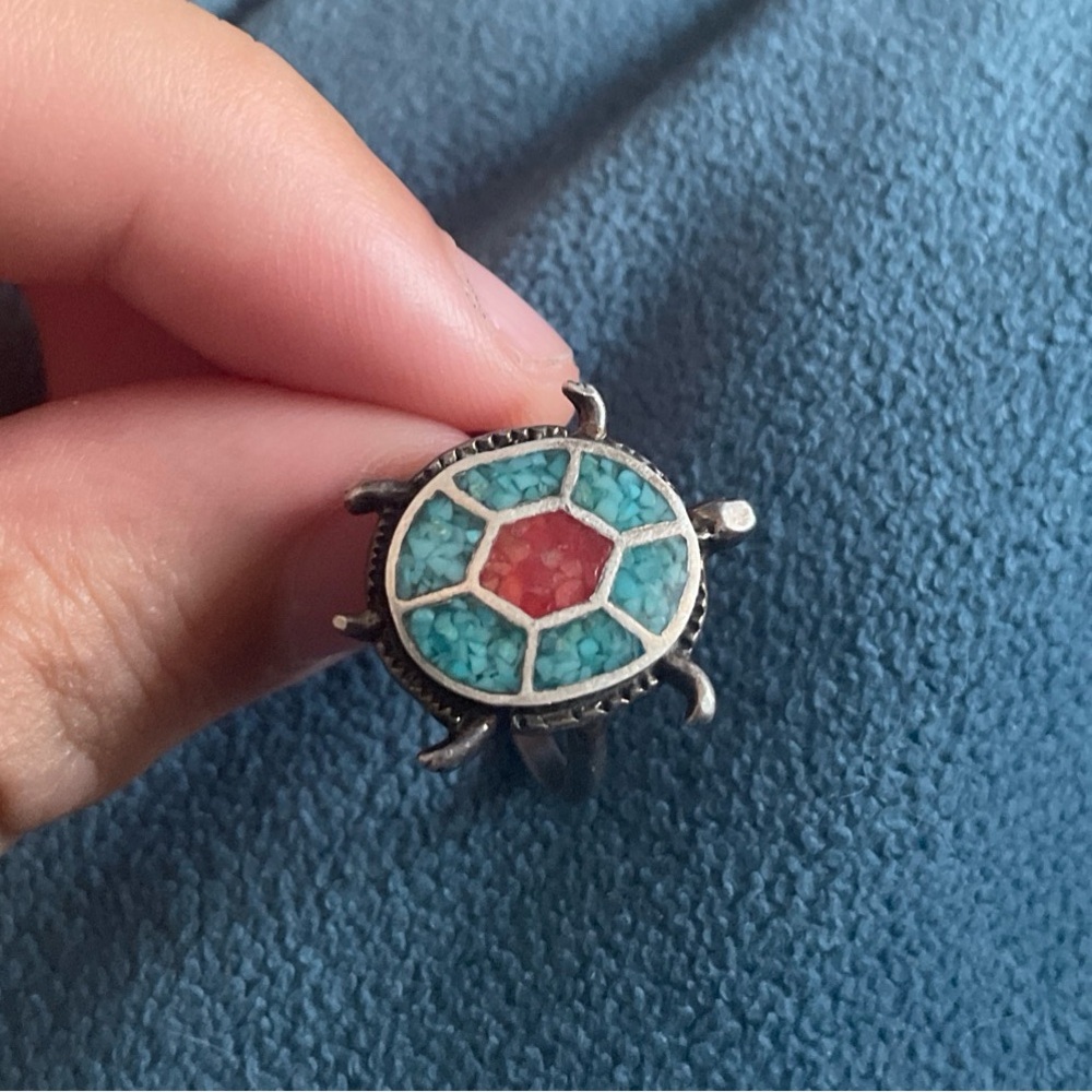 Navajo Sterling Silver and genuine Turquoise and coral turtle ring